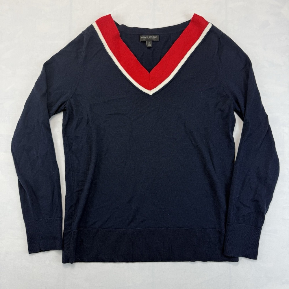 Banana Republic Women's M 100% Merino Wool Sweater Navy Red V Neck Pullover
